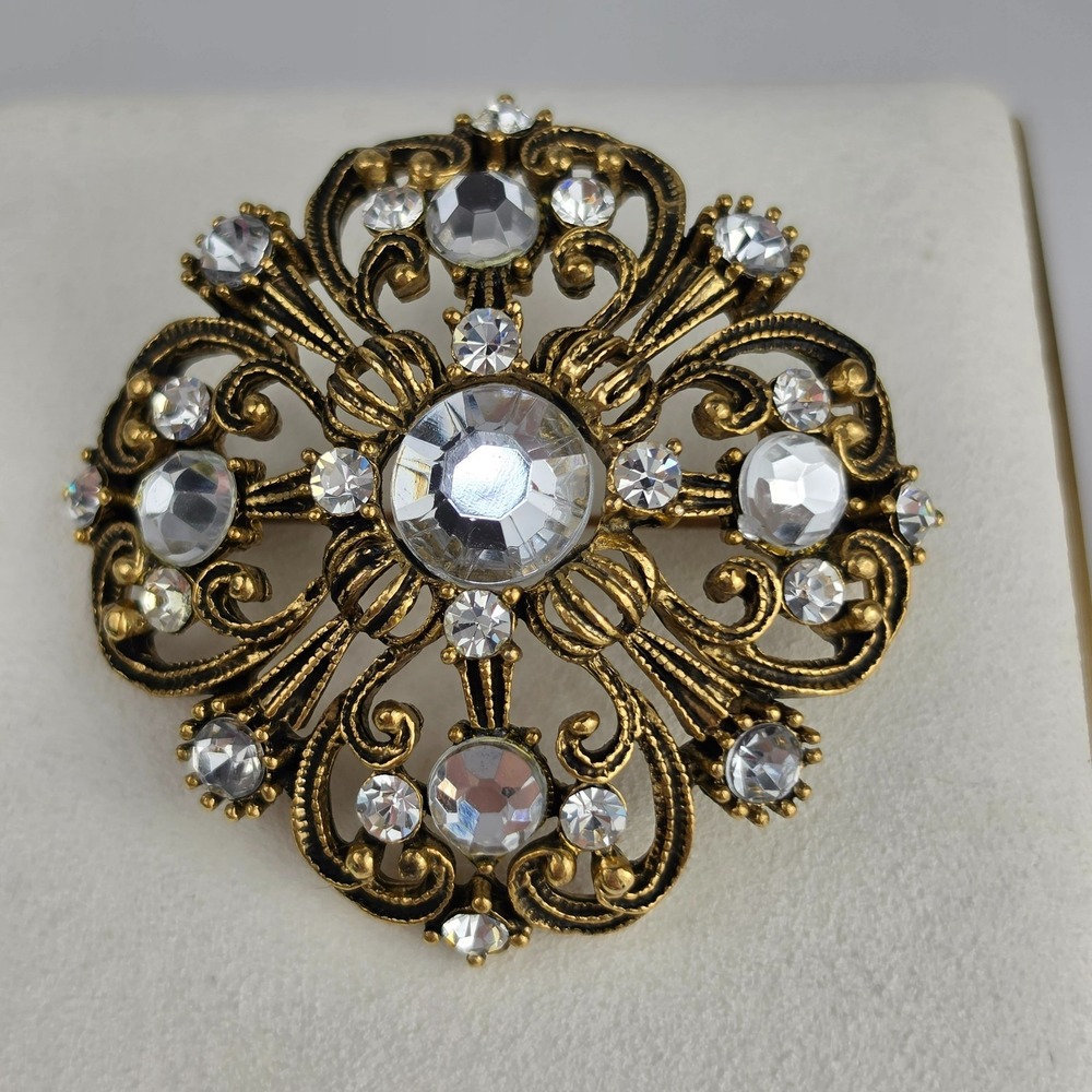 Vintage Gold Tone Filigree Brooch Clear Rhinestone Victorian Revival Ornate Pin
